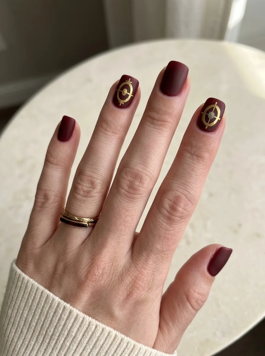 Matte burgundy nails with gold compass design
