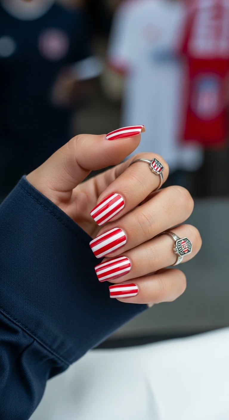 Red and white vertical striped nails for World Cup fans.