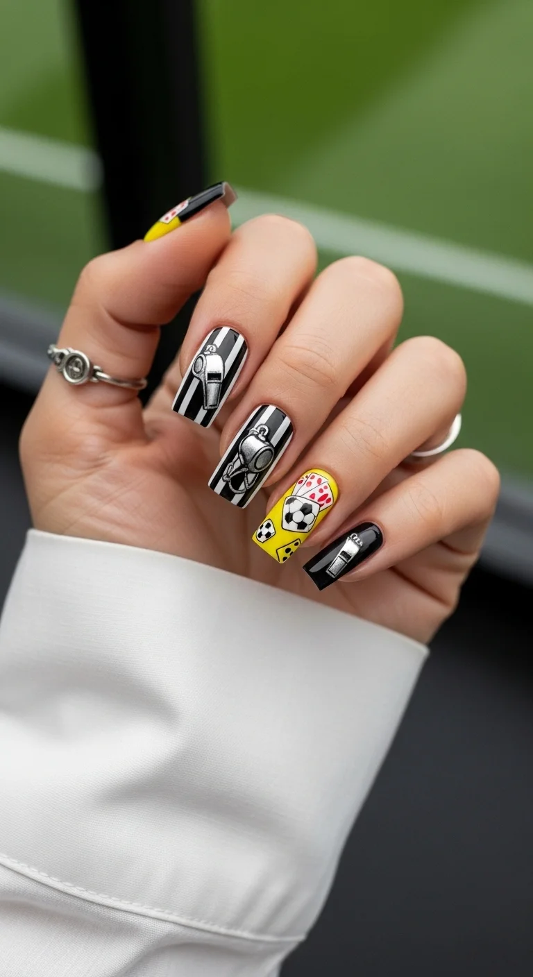 Soccer themed nails with whistles and red cards.