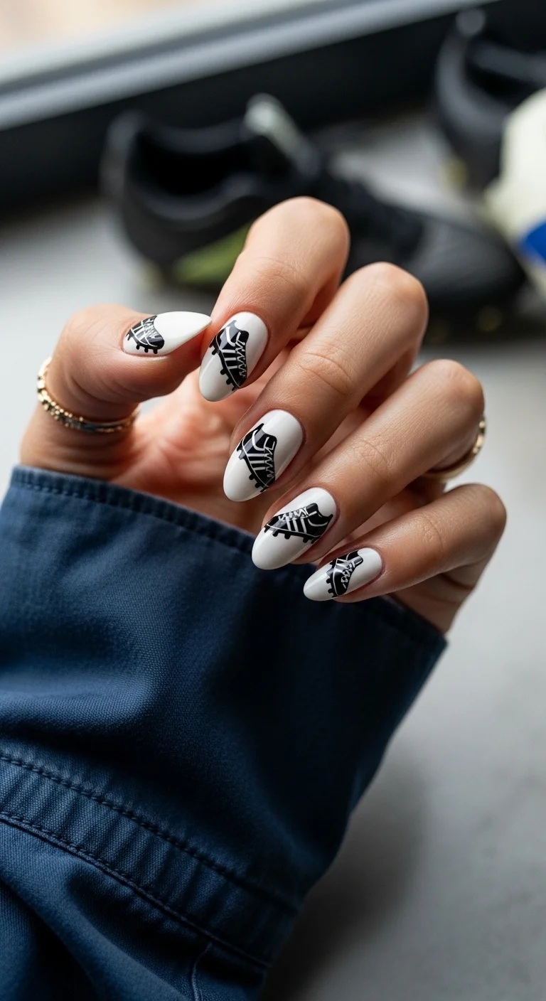 White nails with black soccer cleat illustrations.