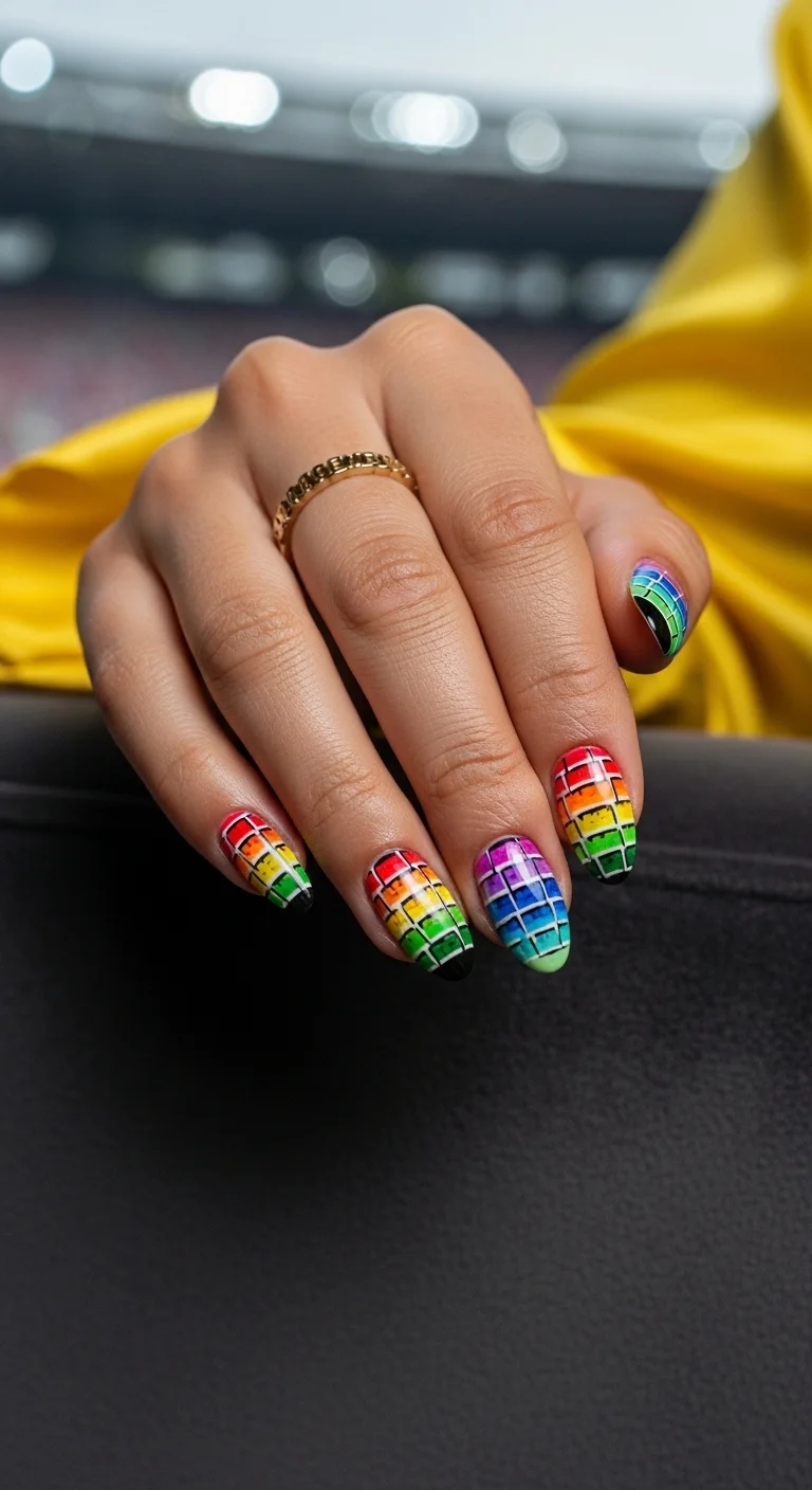 Rainbow grid nail art representing global unity.