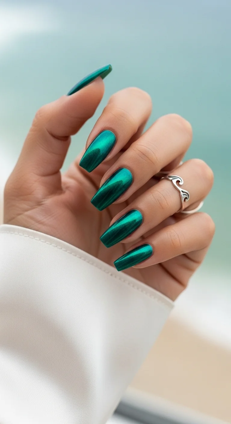 Deep emerald green metallic chrome nails.