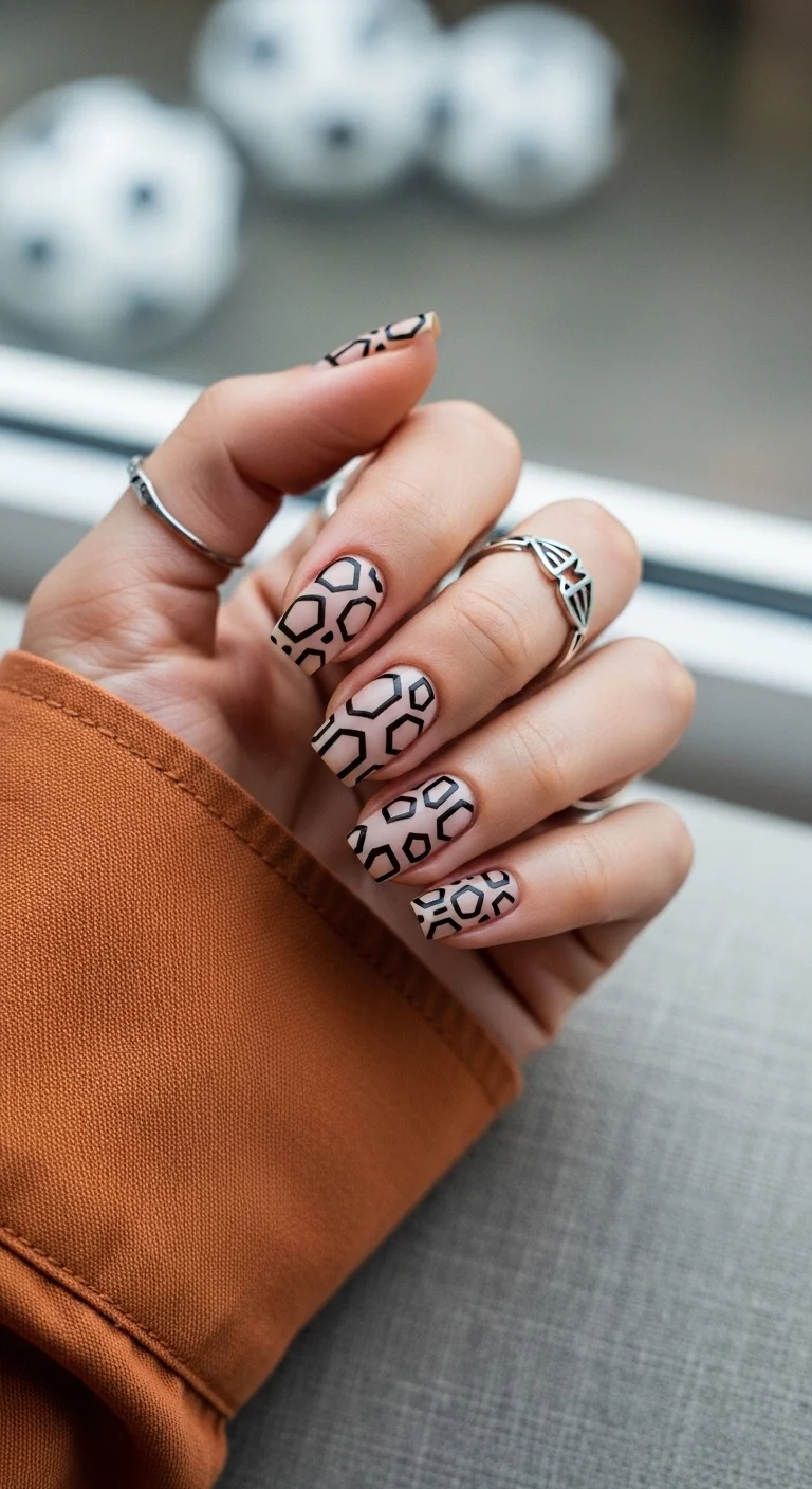 Nude nails with black geometric soccer ball patterns.