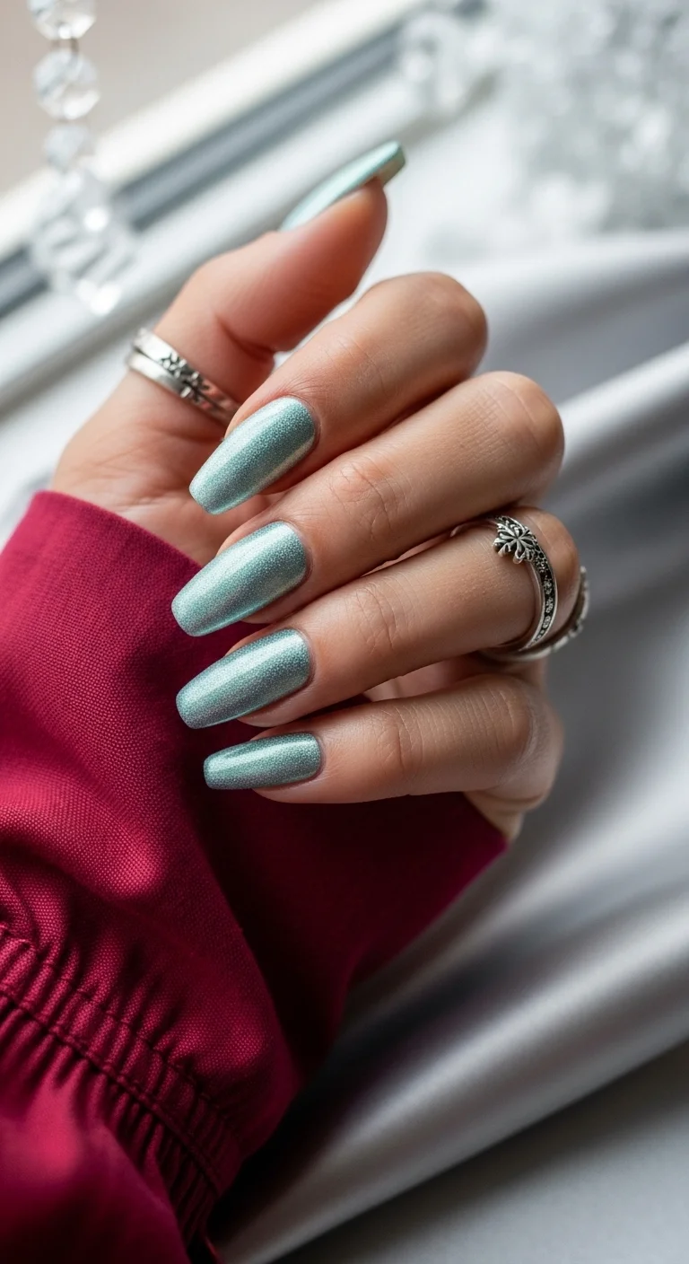 Shimmering frosty mint green nails.