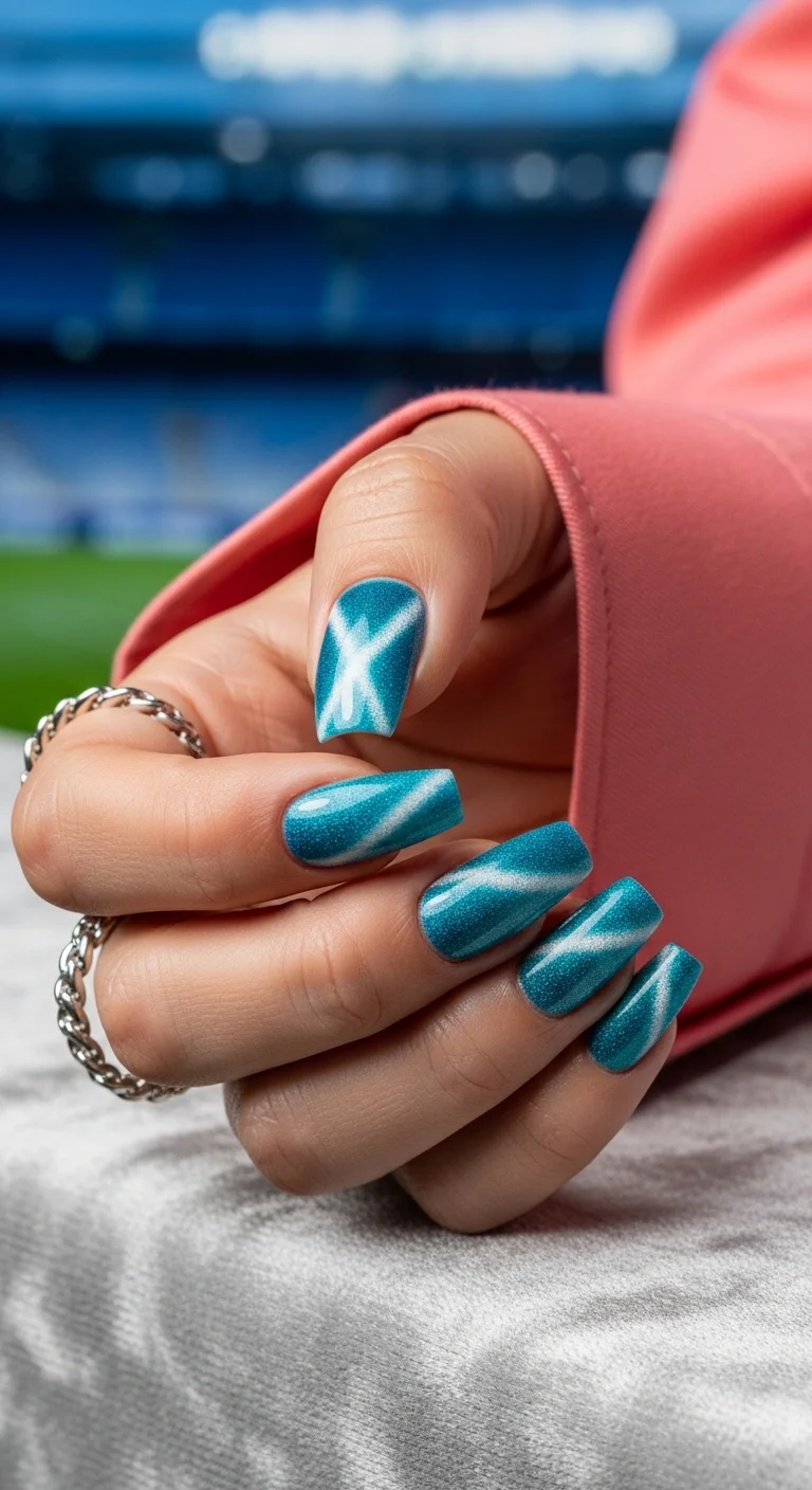 Teal blue cat-eye velvet nails with white flashes.
