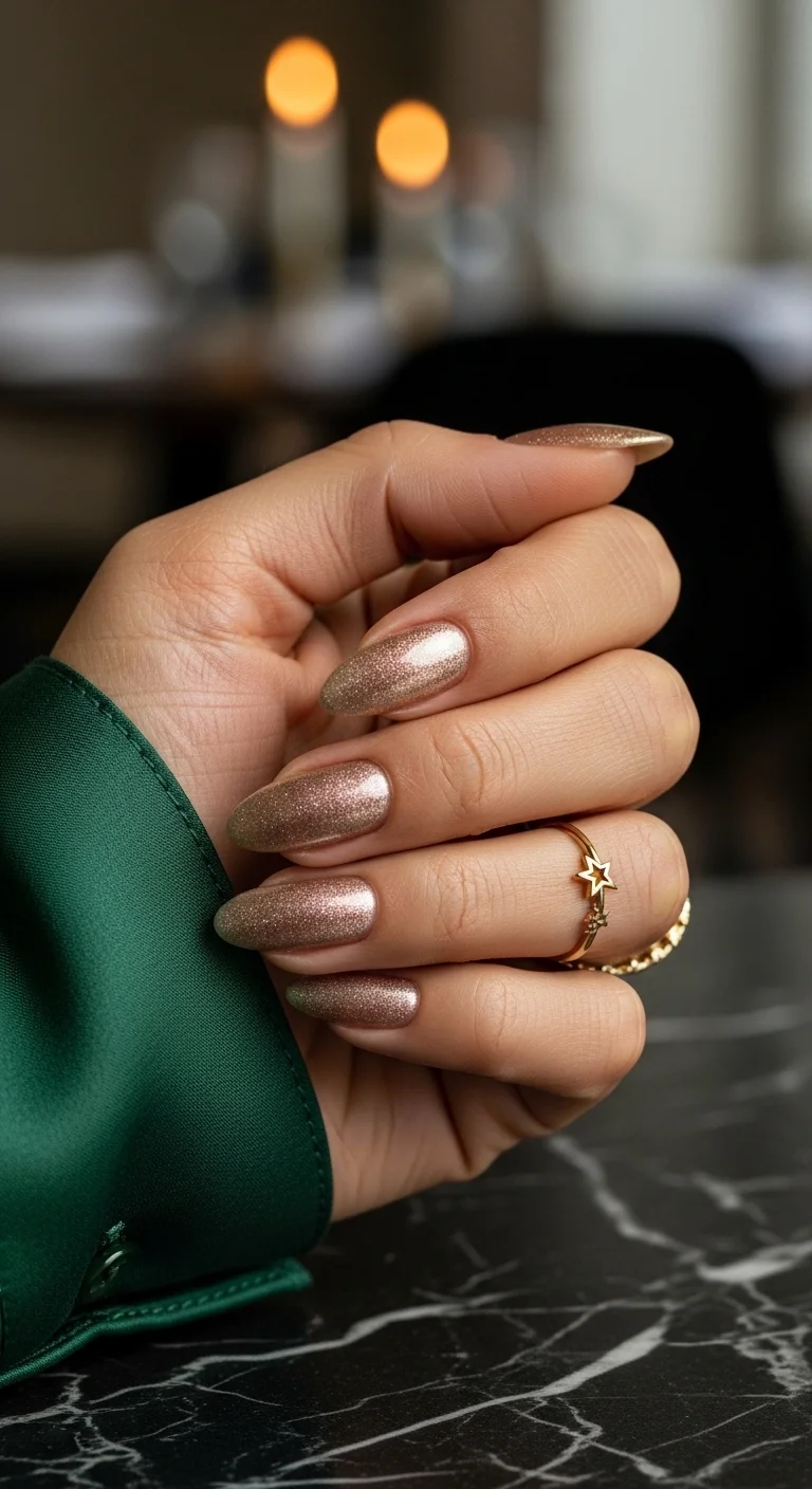 Champagne gold glitter nails for a festive feel.