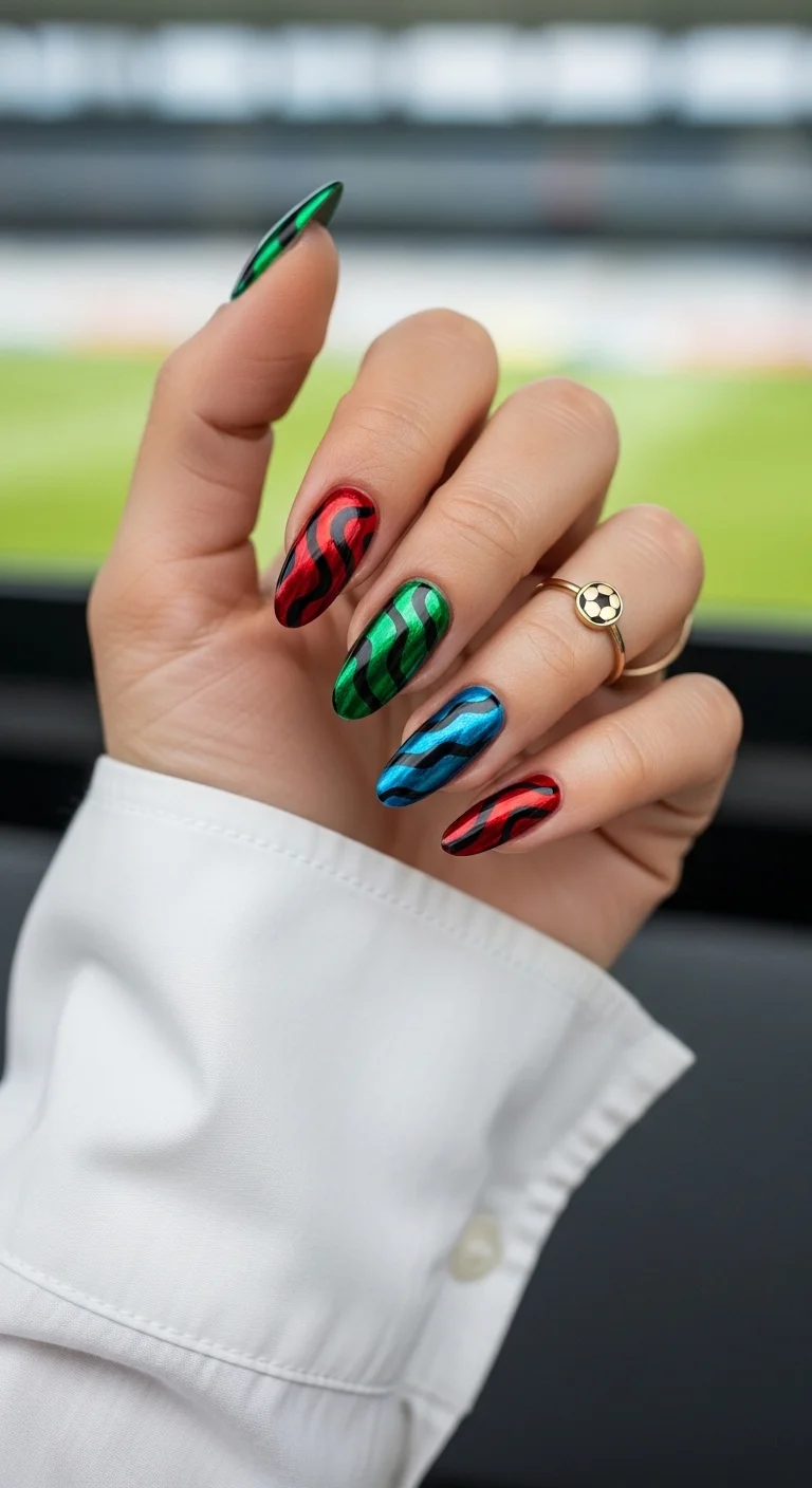 Metallic red, green, and blue waves with black stripes.