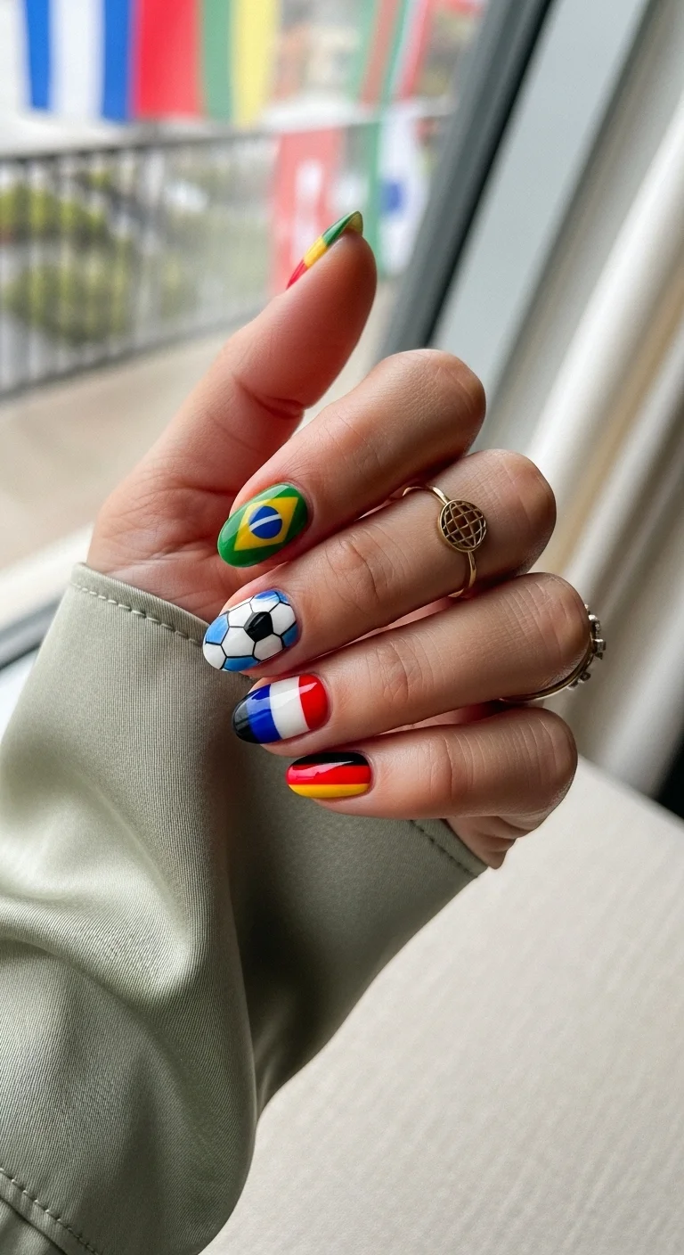 Nails with different country flag art and soccer balls.