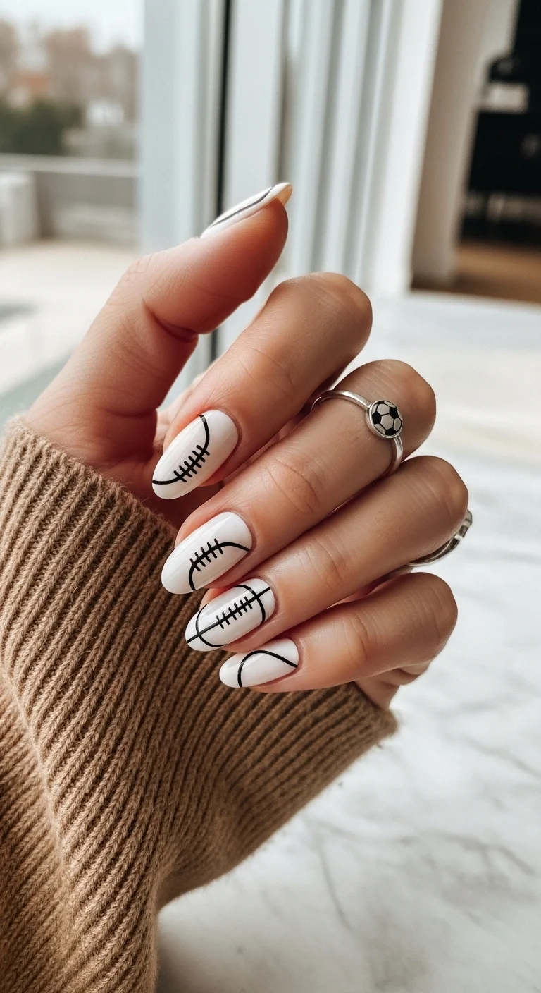 Nude nails with black soccer ball stitch lines.
