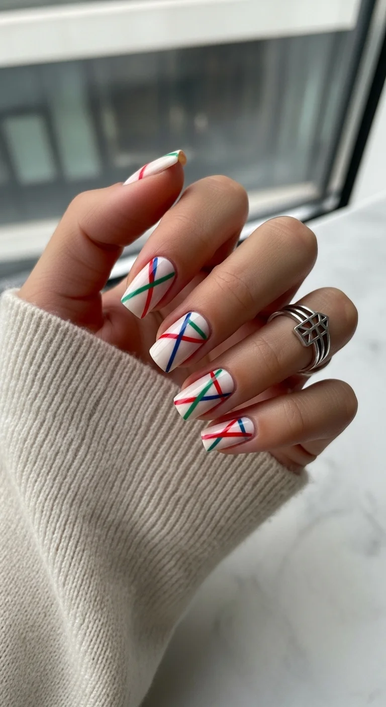 White nails with thin red, green, and blue crossing lines.