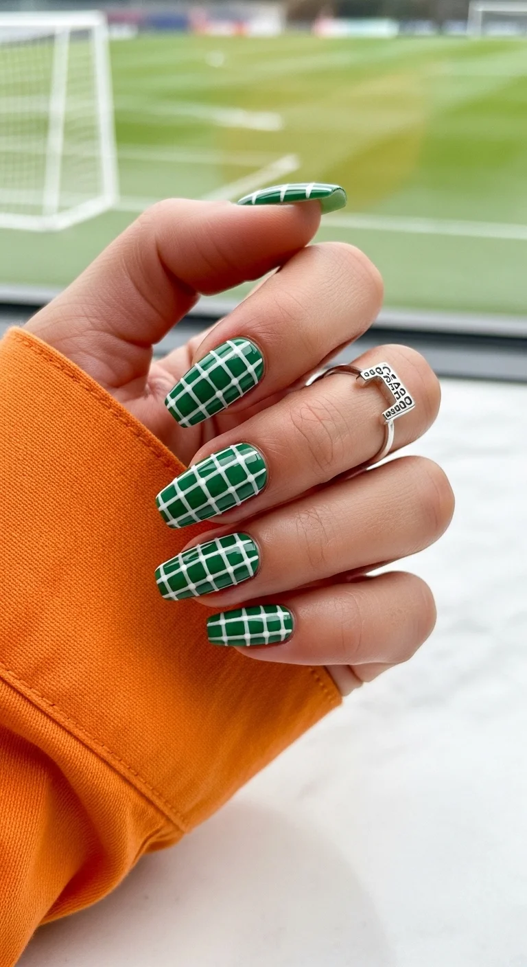 Dark green nails with a white grid pattern.