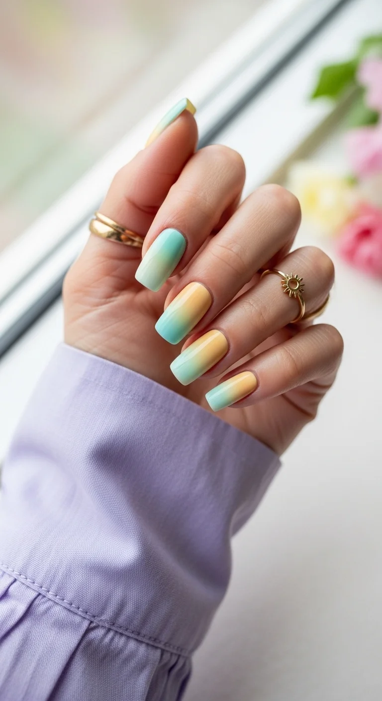 Teal and yellow vertical ombre nails.