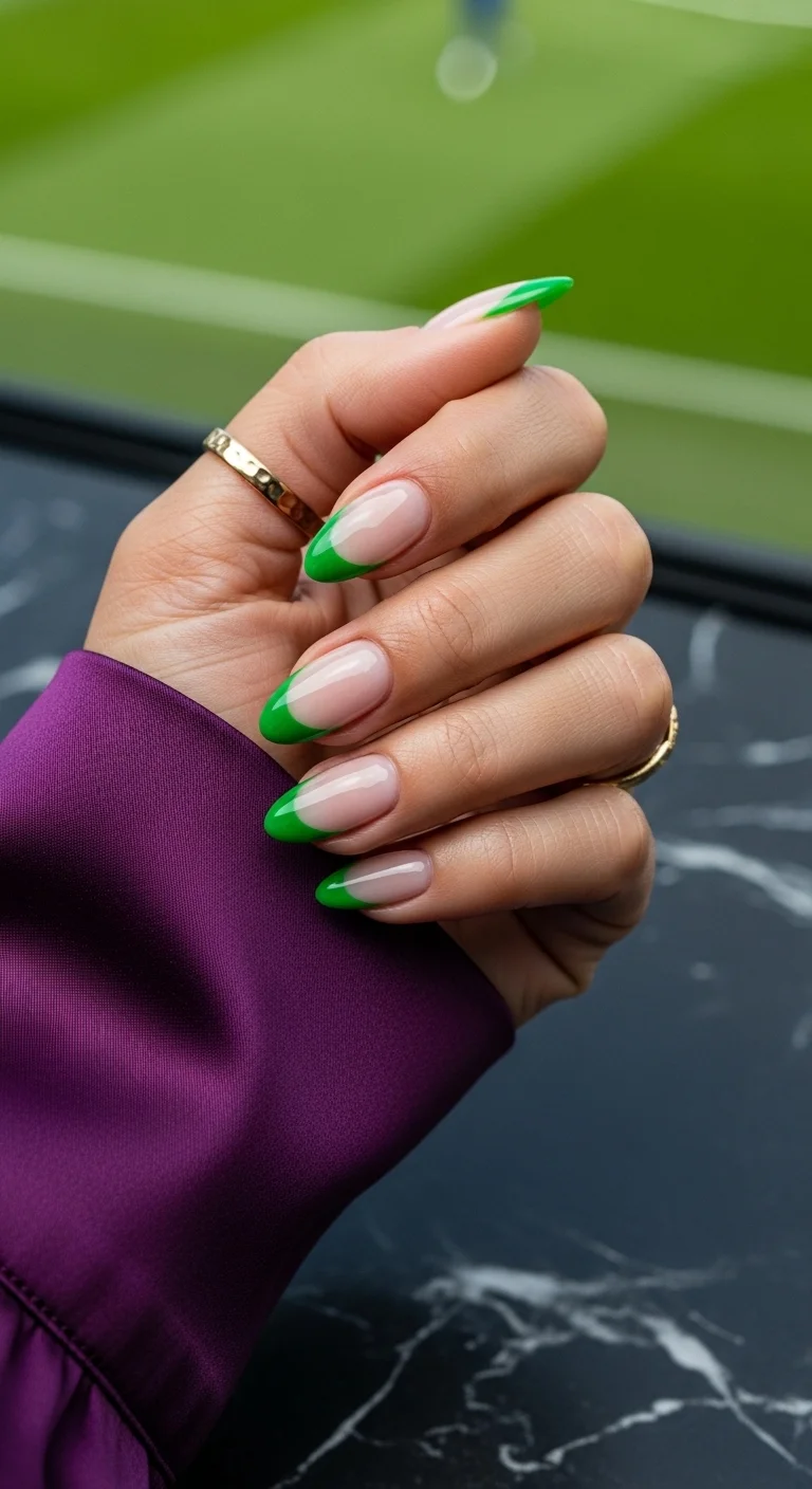 Natural nails with bright green French tips.