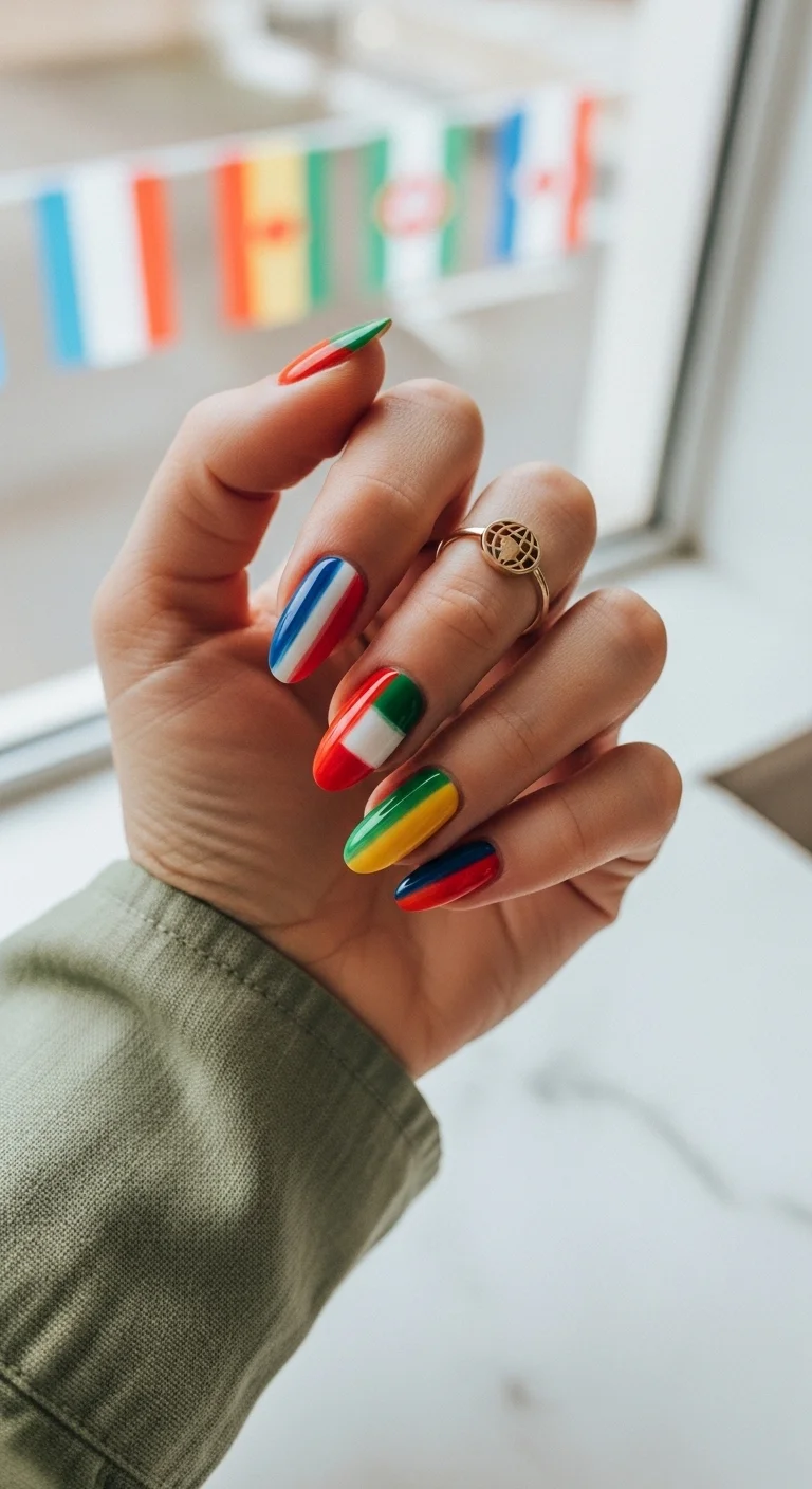 Nails featuring flags of Portugal, France, Italy, and more.