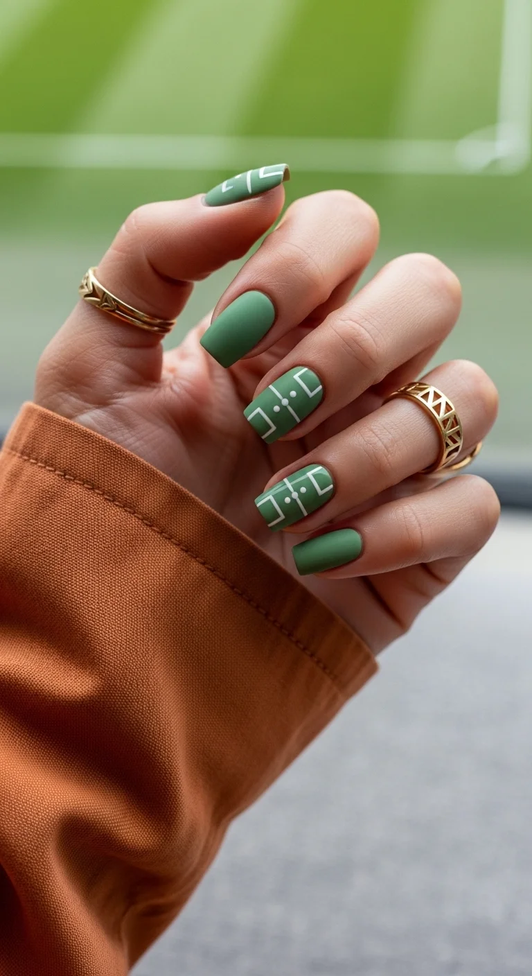 Matte green nails with white soccer field diagram lines.