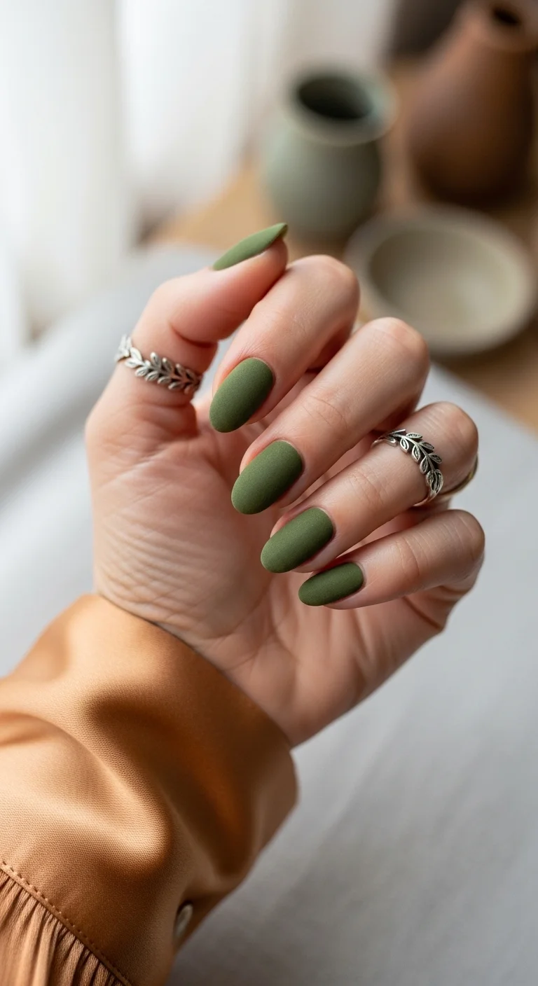 Solid matte olive green nails.