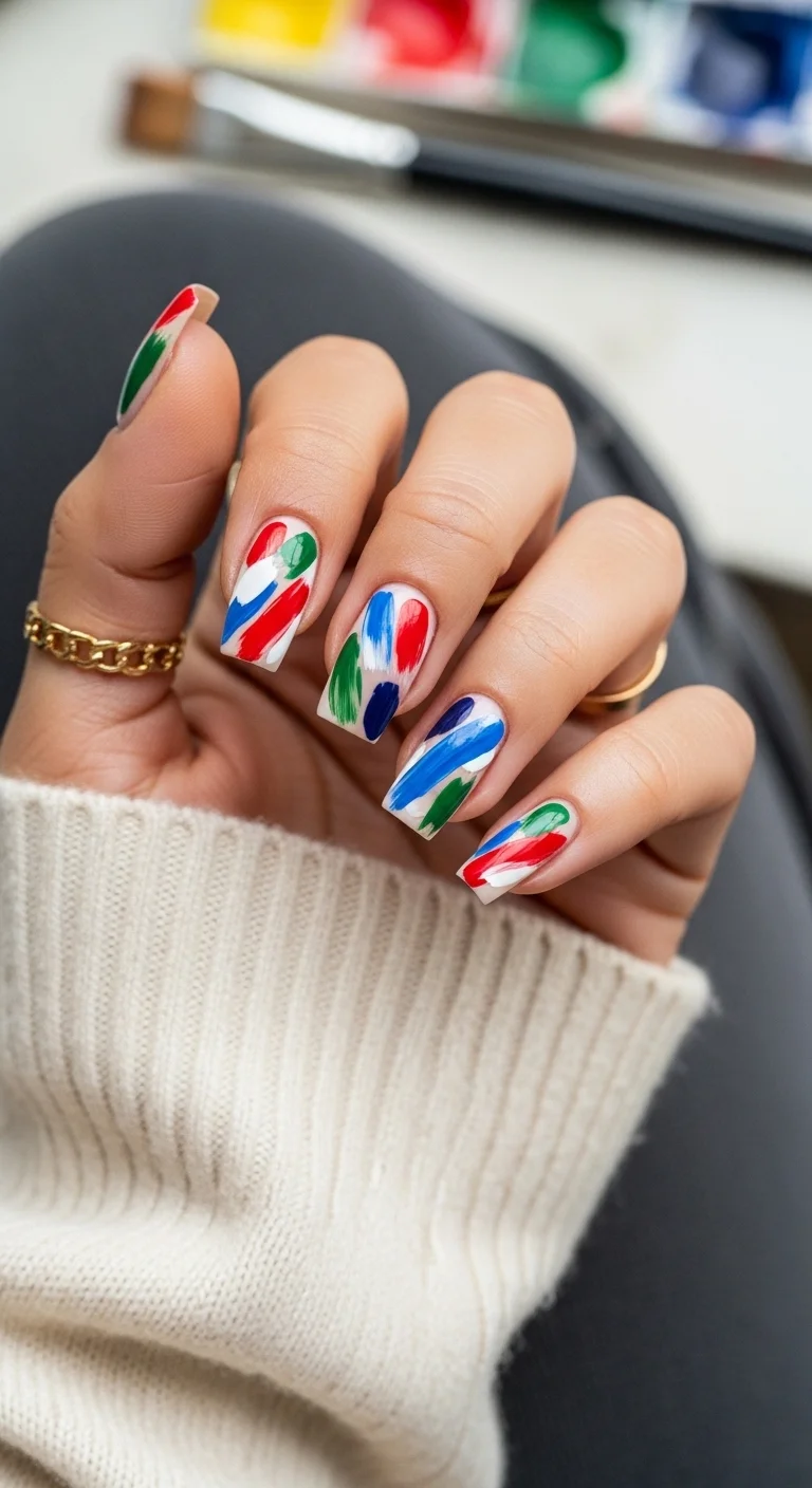 White nails with abstract brushstrokes of flag colors.