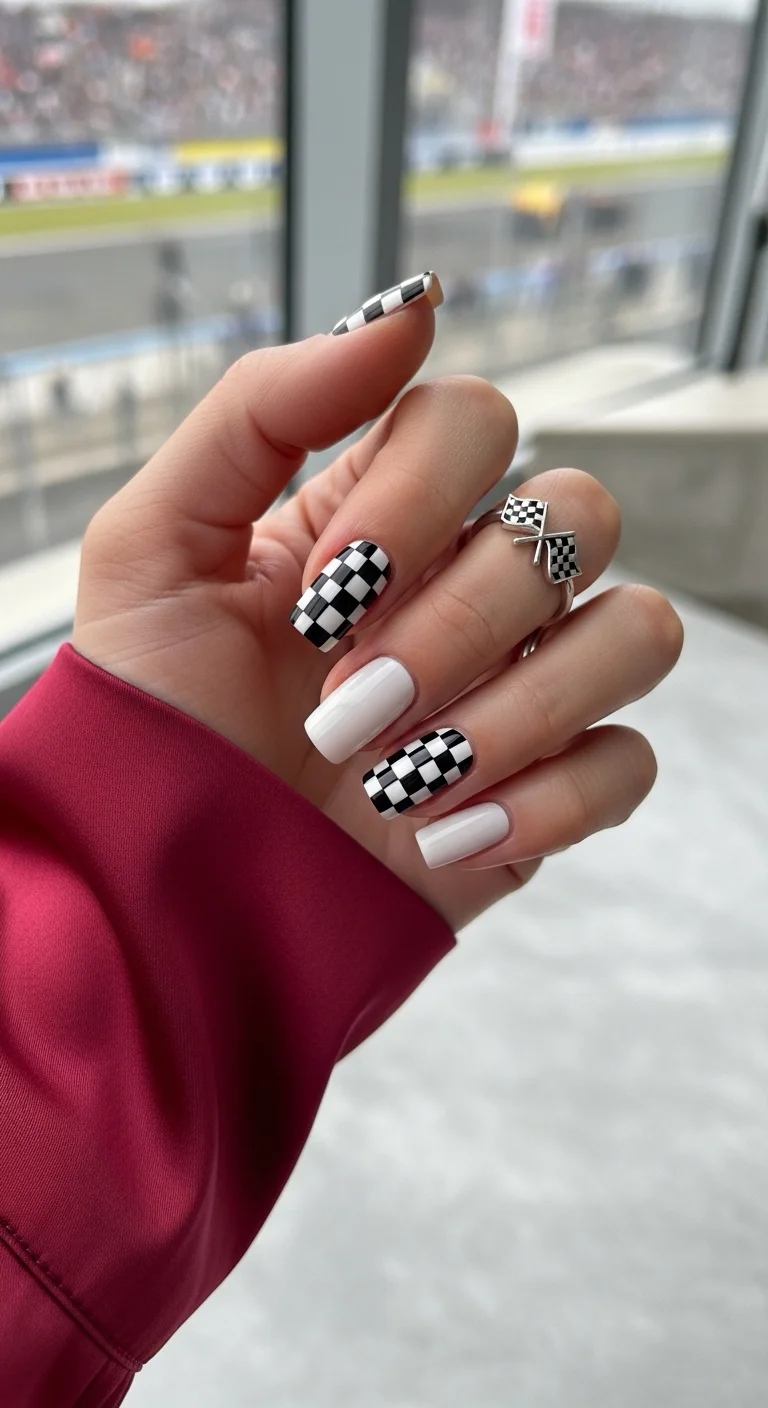 Black and white checkered nail art with white accent nails.