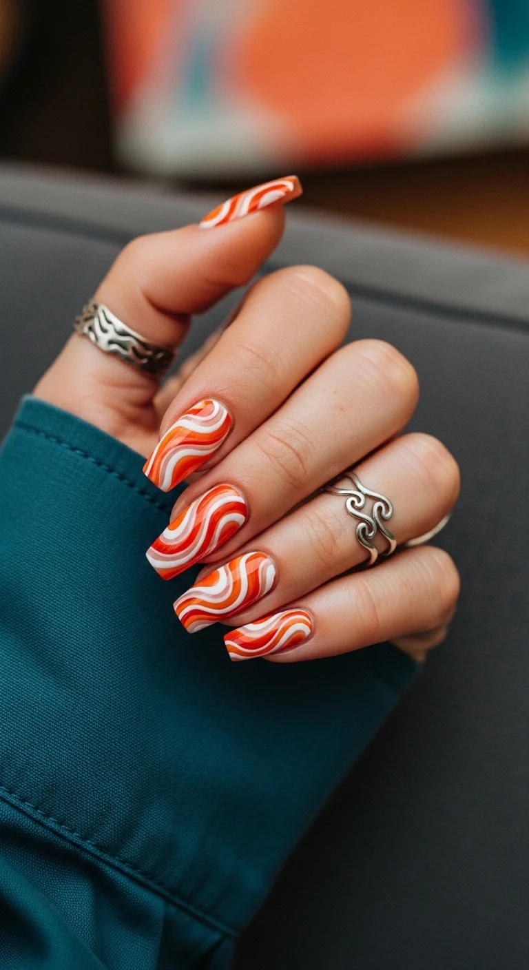 Orange, red, and white wavy swirls.