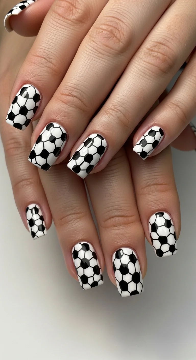 Full soccer ball pattern on square nails.