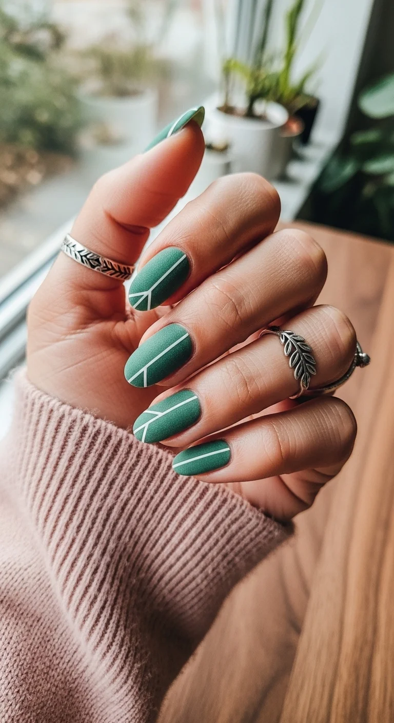 Matte green nails with a single white pitch line.