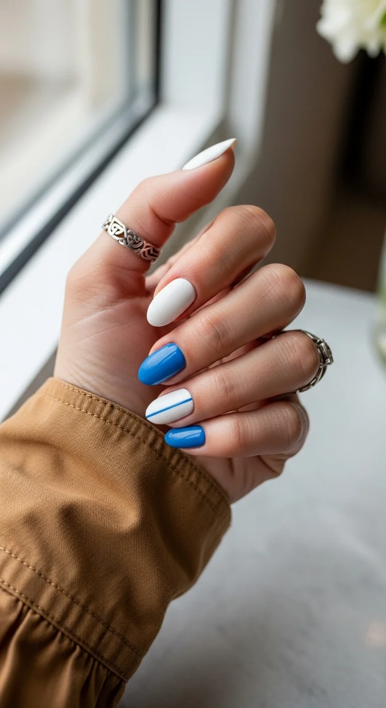 Alternating blue and white nails with a single blue line on white.