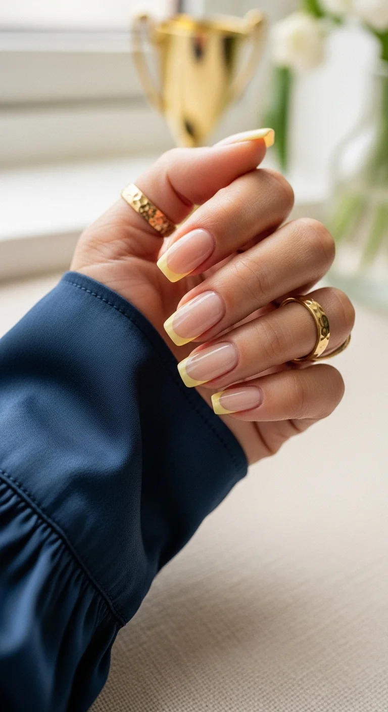 Long square nails with soft yellow French tips.