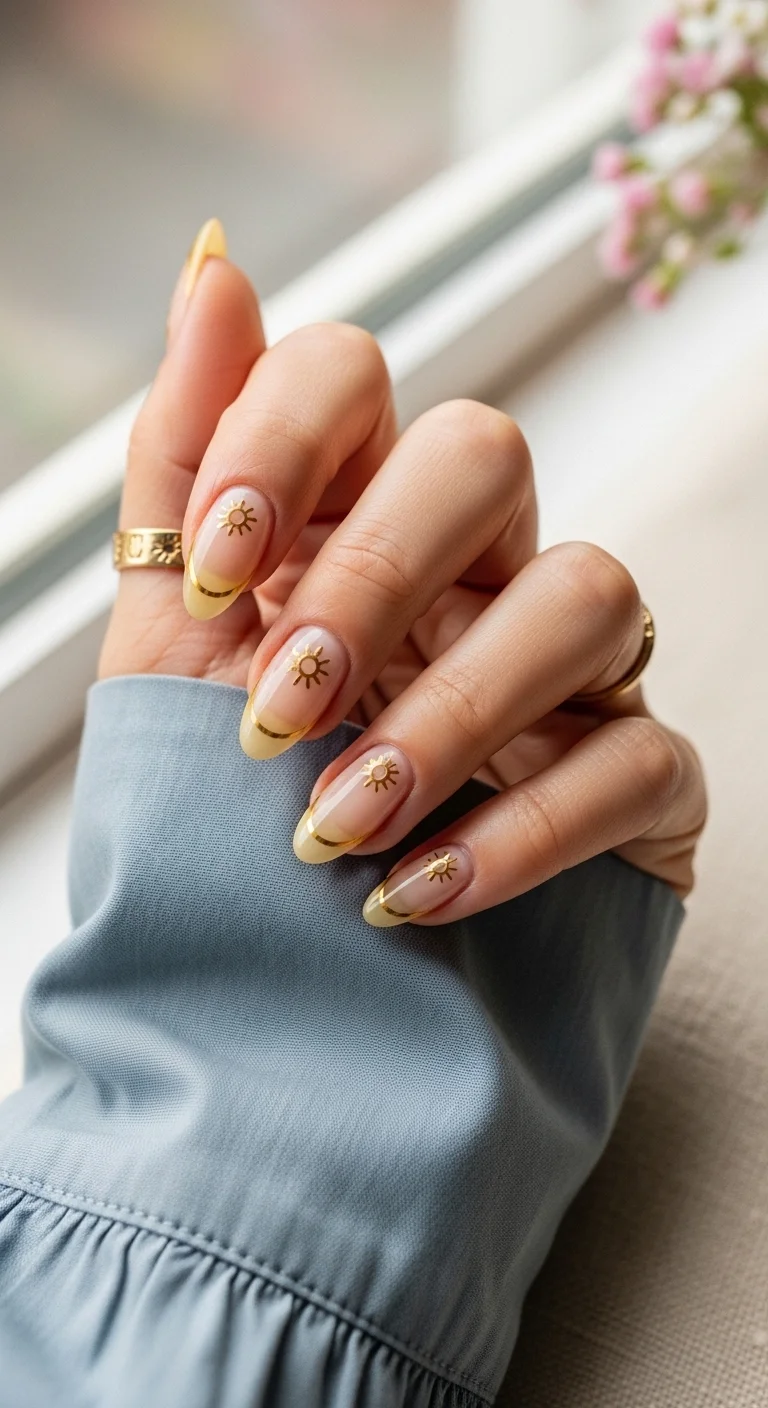 Clear nails with yellow tips and gold sun/star decals.