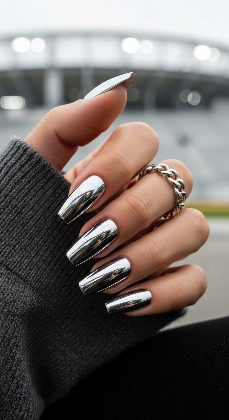 Ultra-shiny silver chrome nails.
