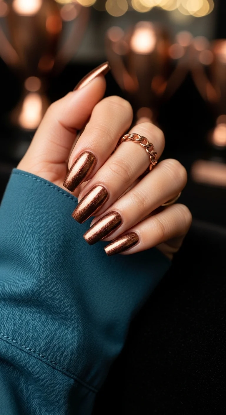 Metallic bronze shimmering nails for autumn matches.