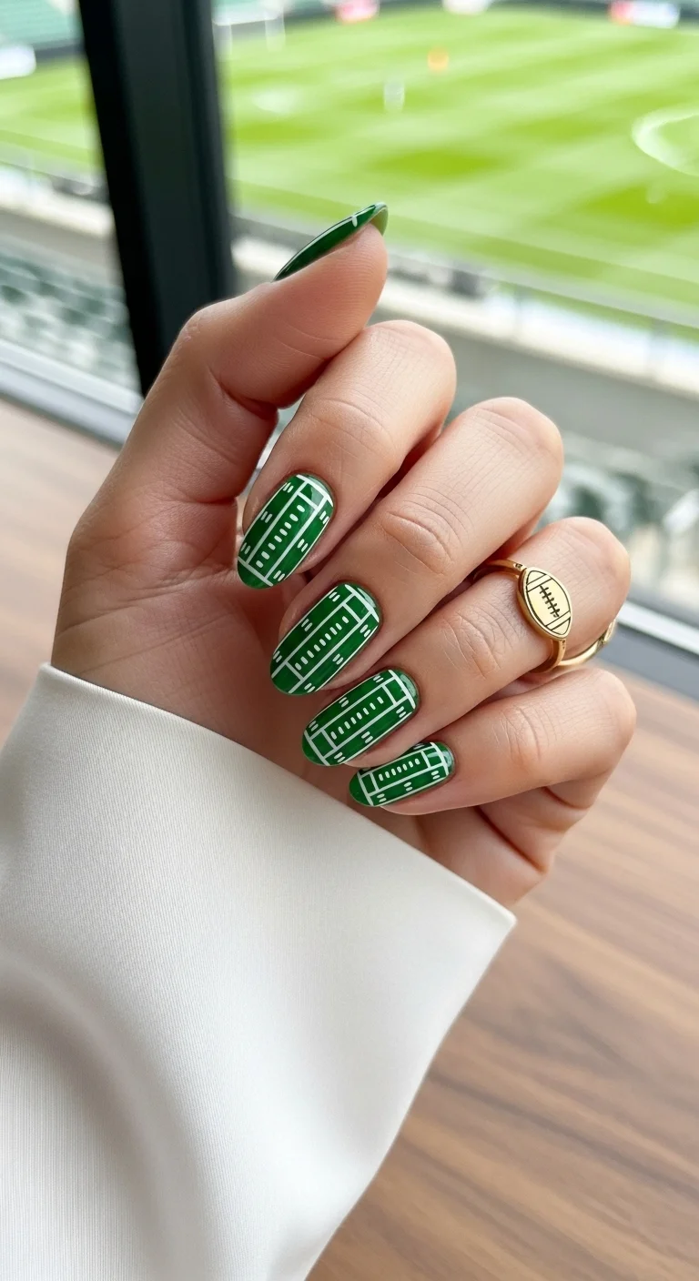 Green nails with white grid lines resembling a soccer pitch.