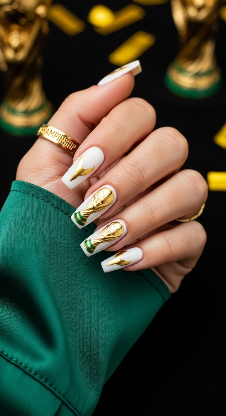 White nails with 3D gold World Cup trophy decals.