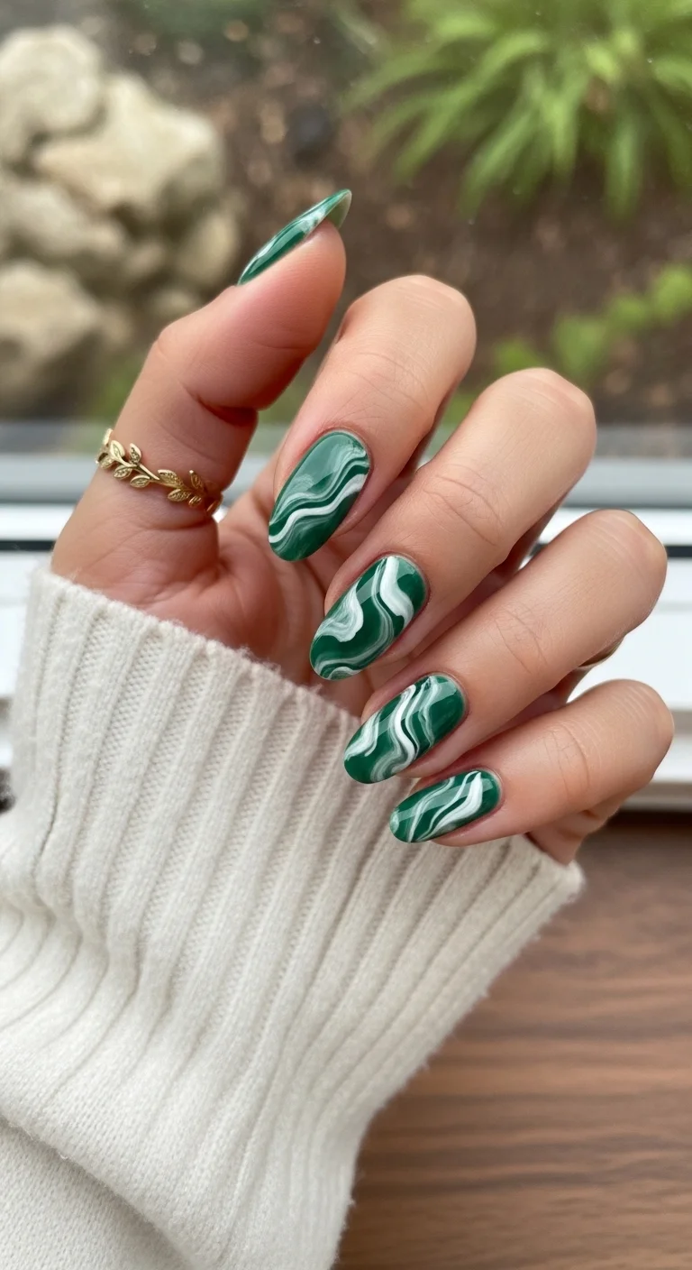 Green and white marble wave nail art.