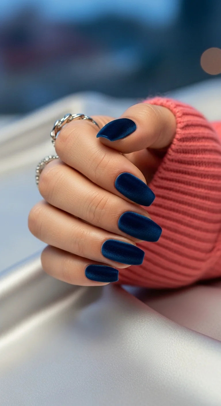 Matte navy blue velvet nails for a sleek look.