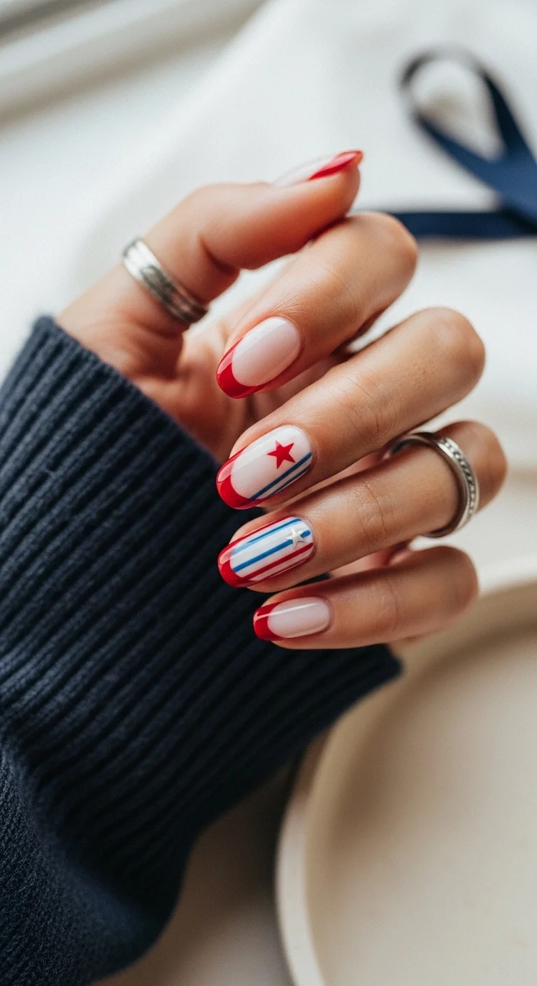 Classic french tips with red, white, and blue stripe accents and small red stars.