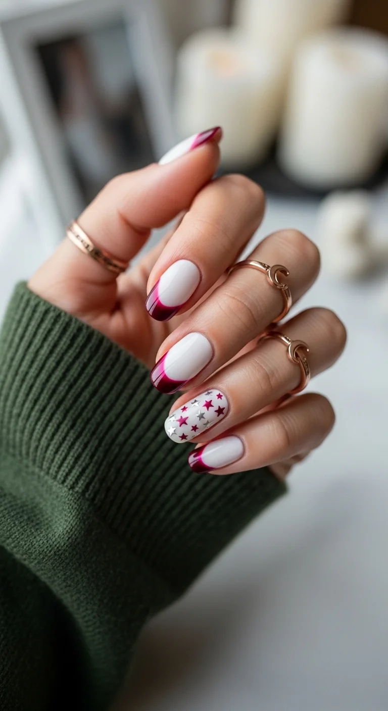 White nails with deep burgundy-red french tips and star accents.