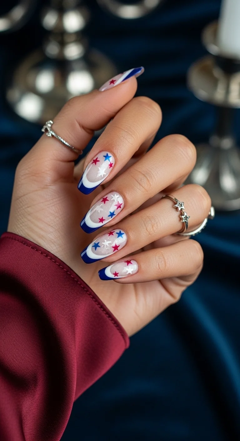 Classic french tips with blue and white edges and multi-colored stars.