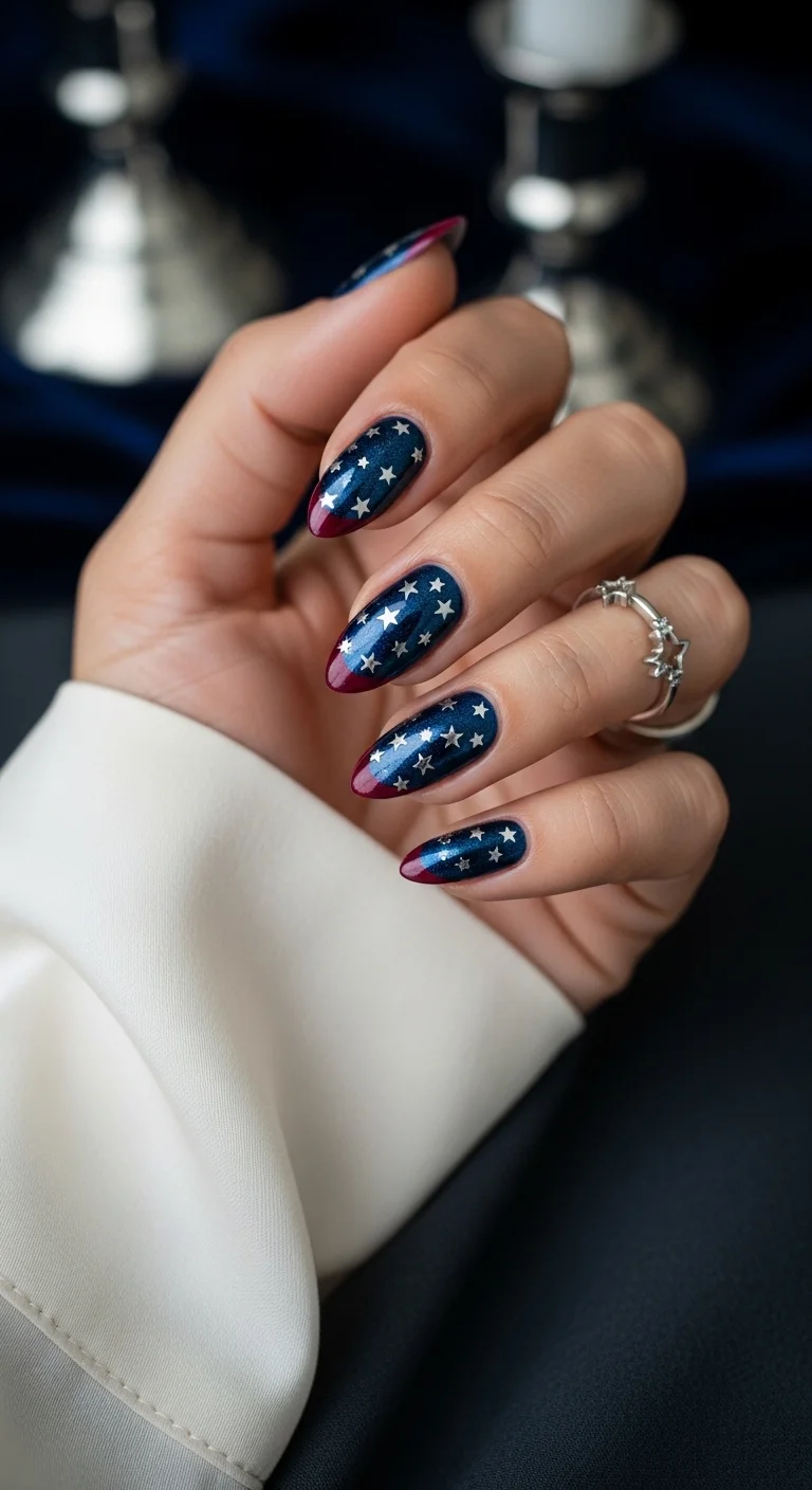 Shimmery navy nails with dark red tips and silver stars.