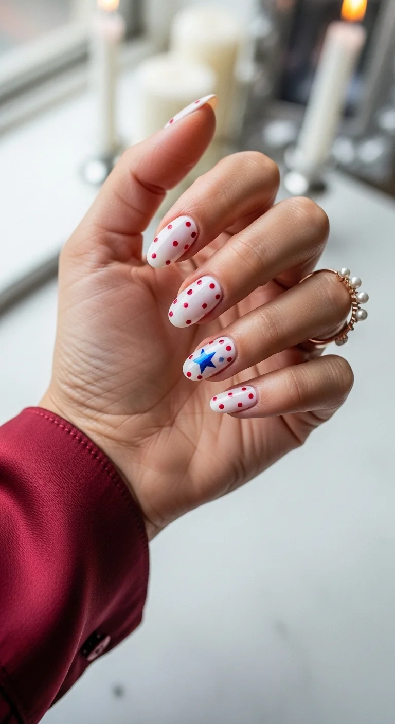 White nails with small red dots and a single large blue star on the accent nail.