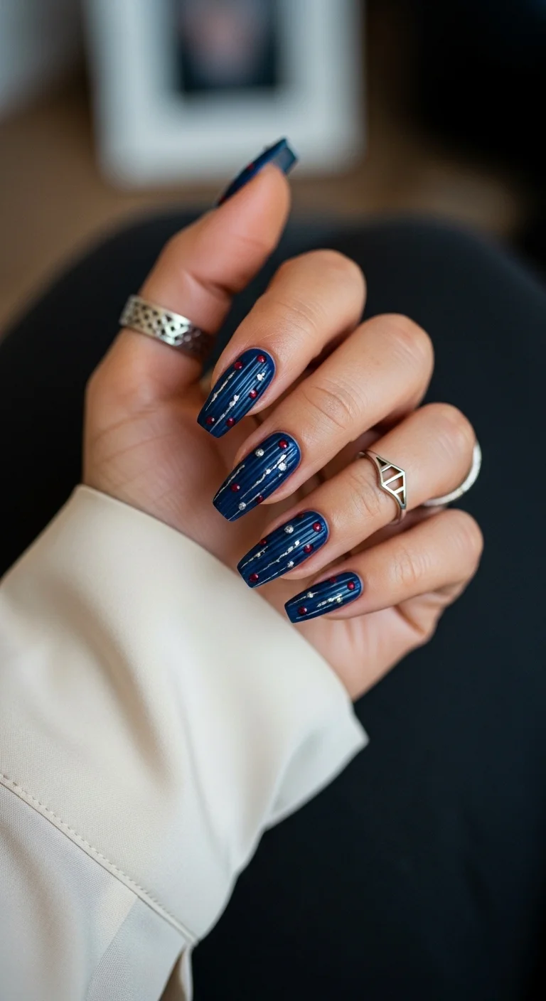 Textured navy blue nails with raised red and silver dots.