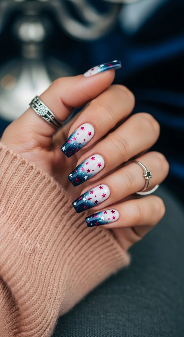 Navy and white ombre nails with bright pinkish-red star decals.