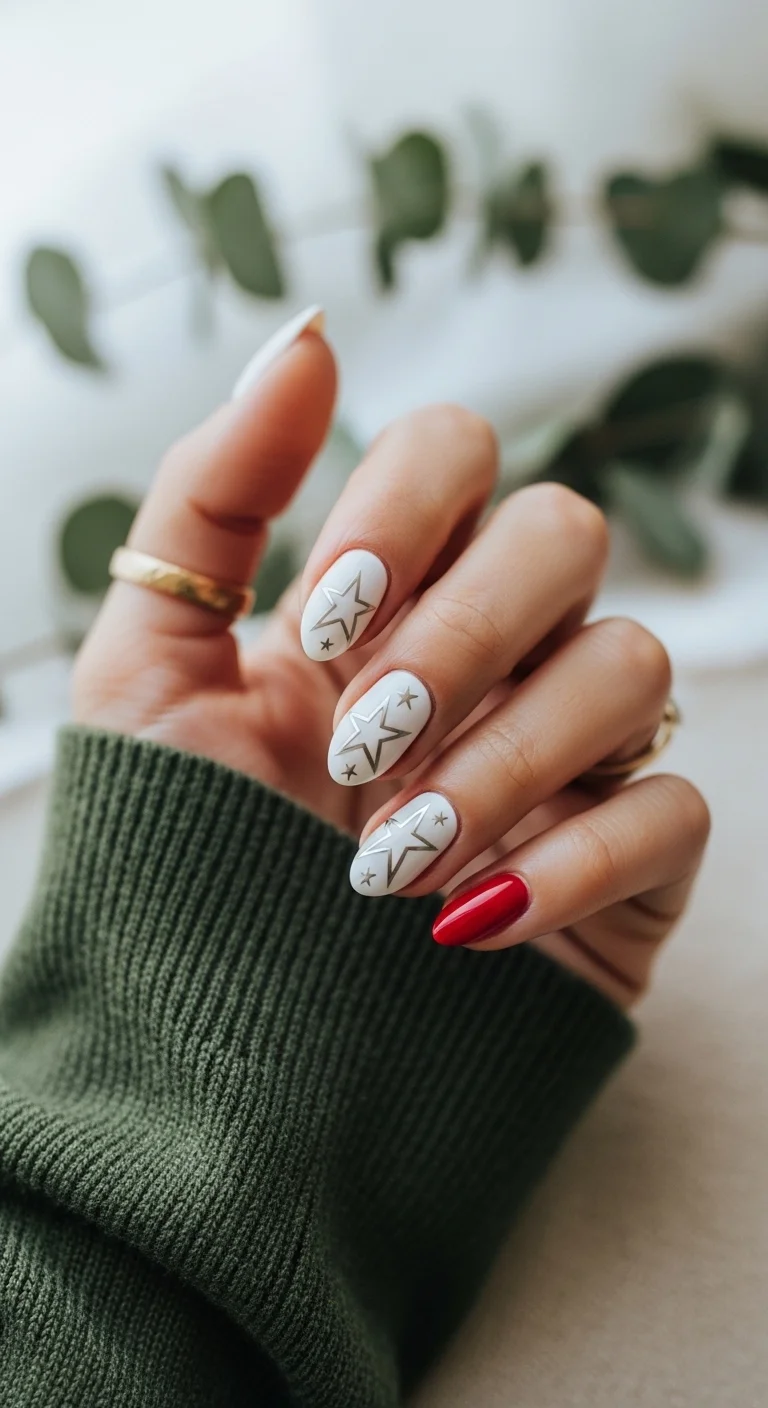 White nails with silver star outlines and one solid red accent nail.