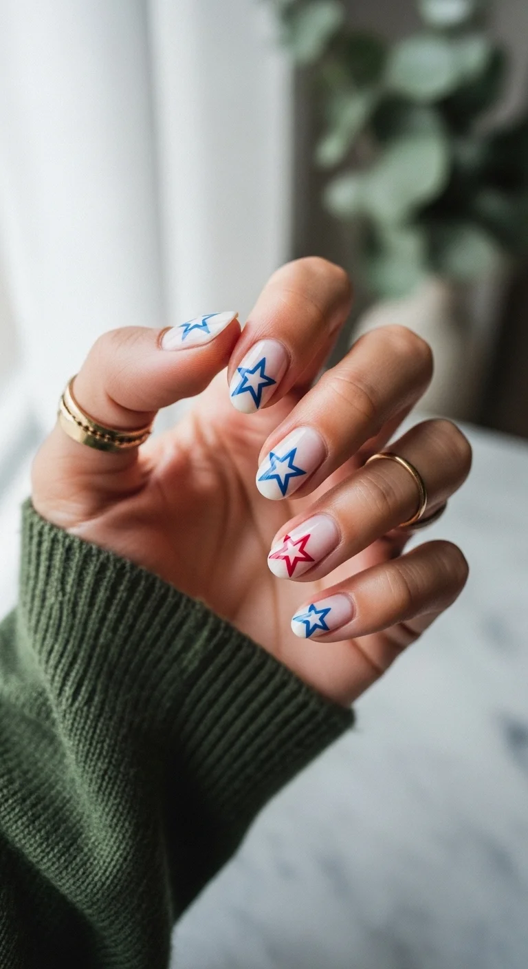 Natural nails with blue and red star outlines at the tips.