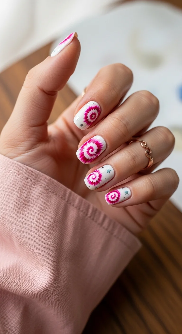 White nails with pink and red tie-dye swirls and silver stars.