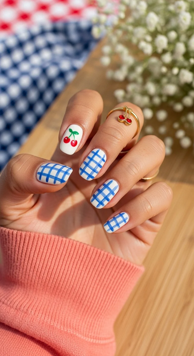 Blue and white gingham nails with a cute cherry accent.