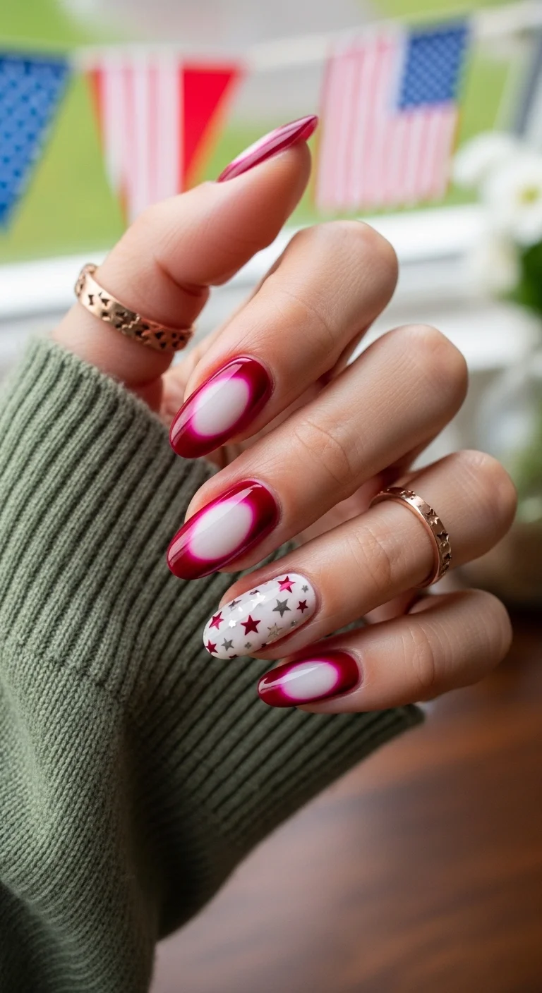 Deep red aura nails with white centers and silver and red star decals.