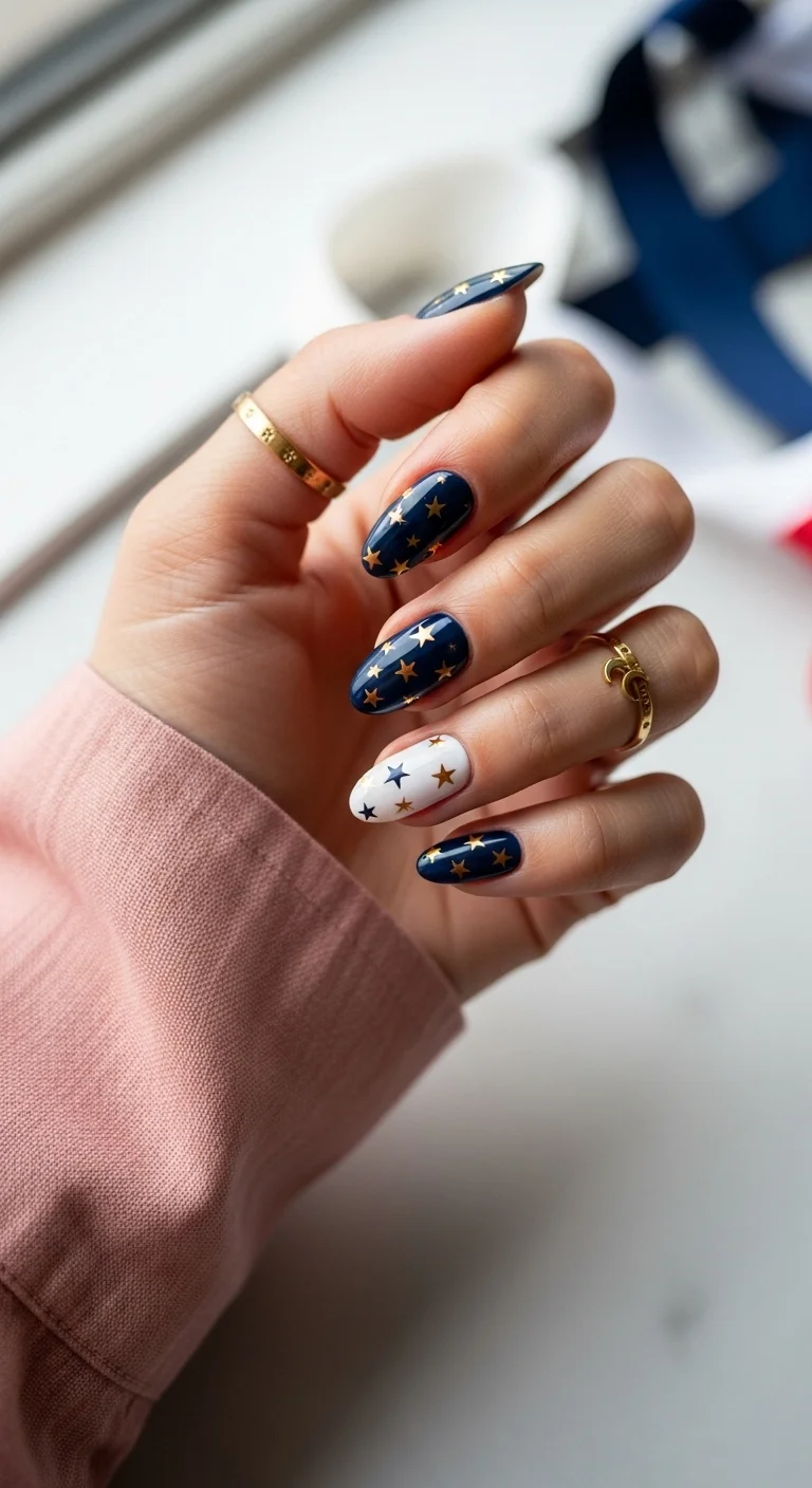 Navy blue nails with gold metallic star decals.