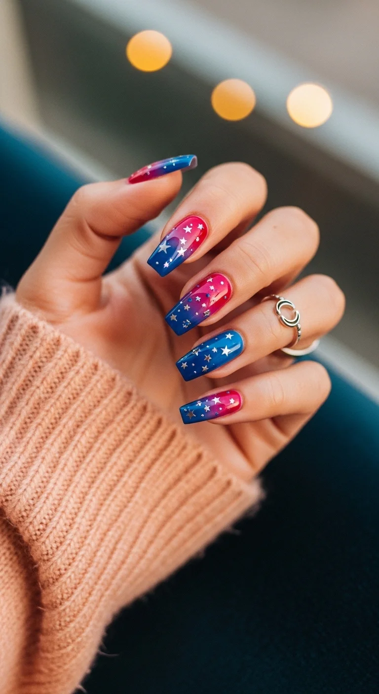 Pink and blue ombre nails with scattered silver stars.