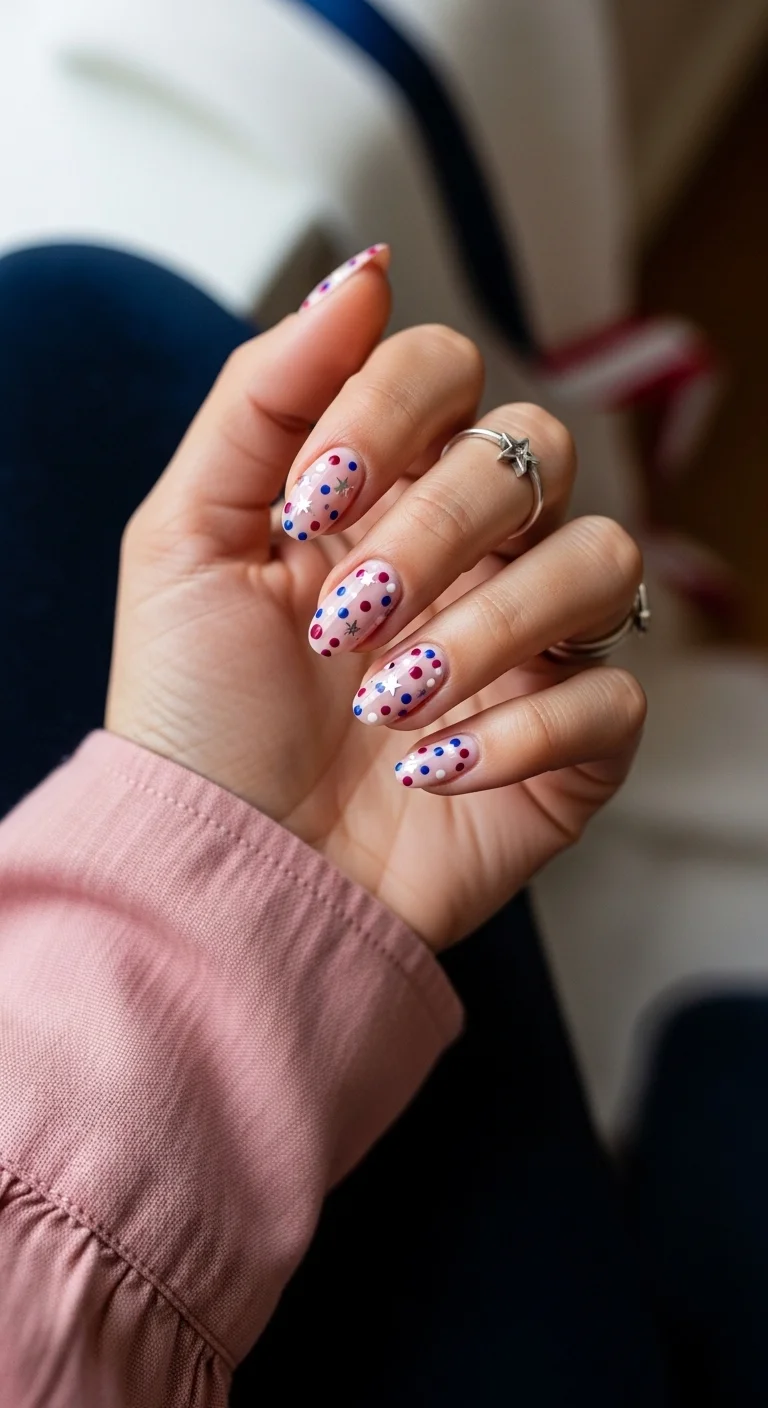 Natural nails with scattered red, blue, and silver dots and stars.