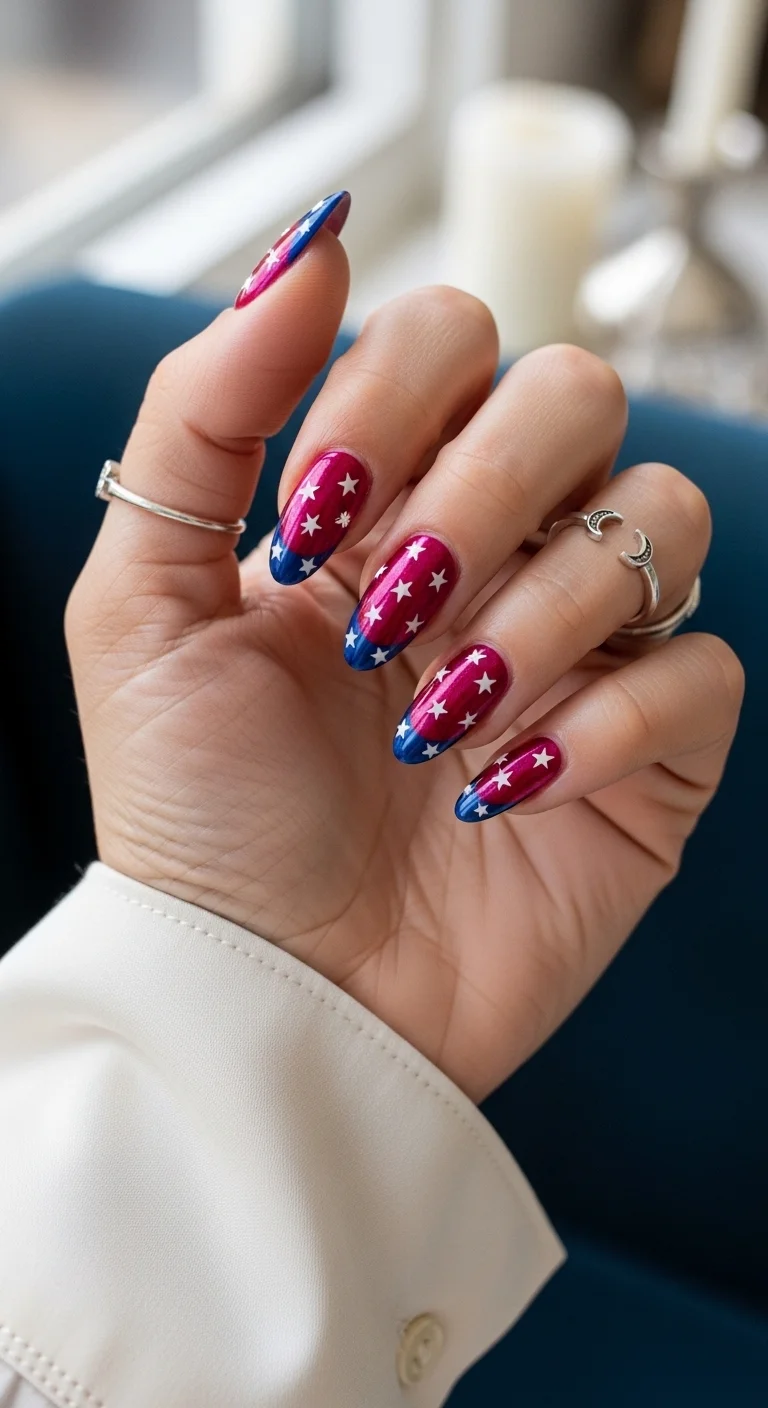 Magenta nails with navy blue french tips and white stars.